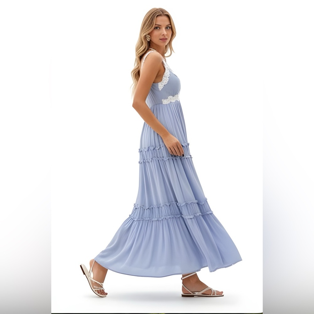 Boho Lace A-Line Flounce Hem Dress Blue - Picture 5 of 12